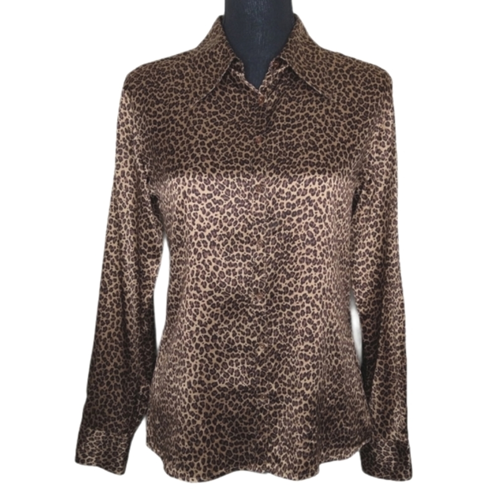 Vintage Express Silk 100%Silk Leopard Print Blouse Size Small
